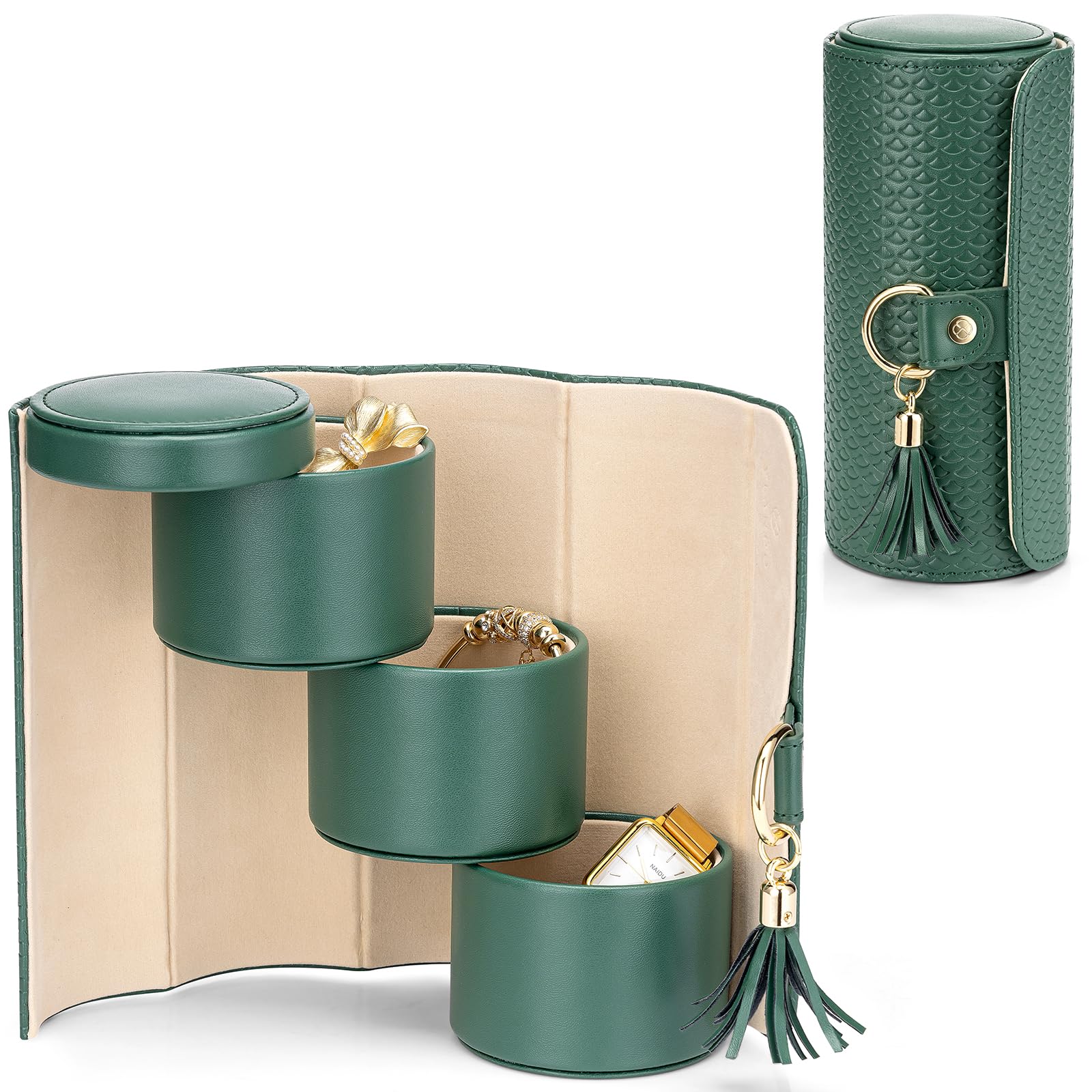 Green Travel Jewelry Case: 3-Layer PU Cylinder Organizer for Necklaces, Earrings, Gifts for Travelers & Jewelry Lovers - Image 1