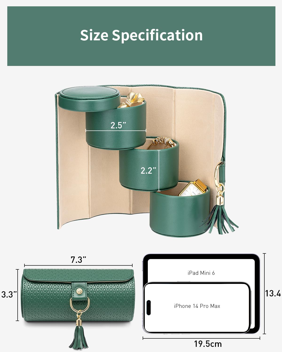 Green Travel Jewelry Case: 3-Layer PU Cylinder Organizer for Necklaces, Earrings, Gifts for Travelers & Jewelry Lovers - Image 4