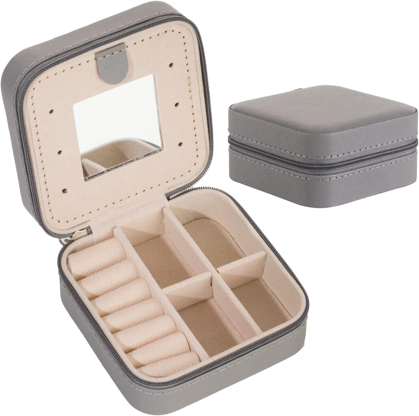 Grey Travel Jewelry Box with Mirror: Chic, Organised Storage for Rings, Necklaces & Earrings, Ideal for Aussies - Image 1