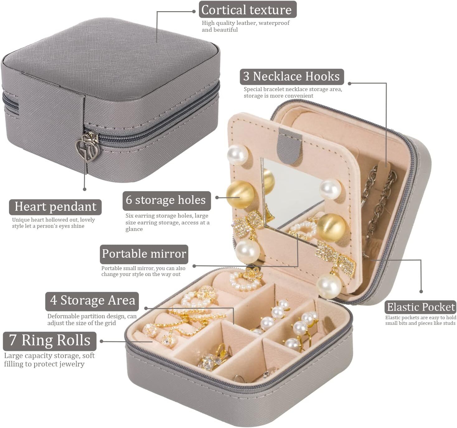 Grey Travel Jewelry Box with Mirror: Chic, Organised Storage for Rings, Necklaces & Earrings, Ideal for Aussies - Image 4