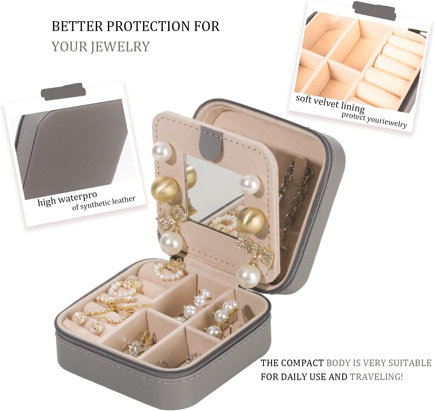 Grey Travel Jewelry Box with Mirror: Chic, Organised Storage for Rings, Necklaces & Earrings, Ideal for Aussies - Image 5