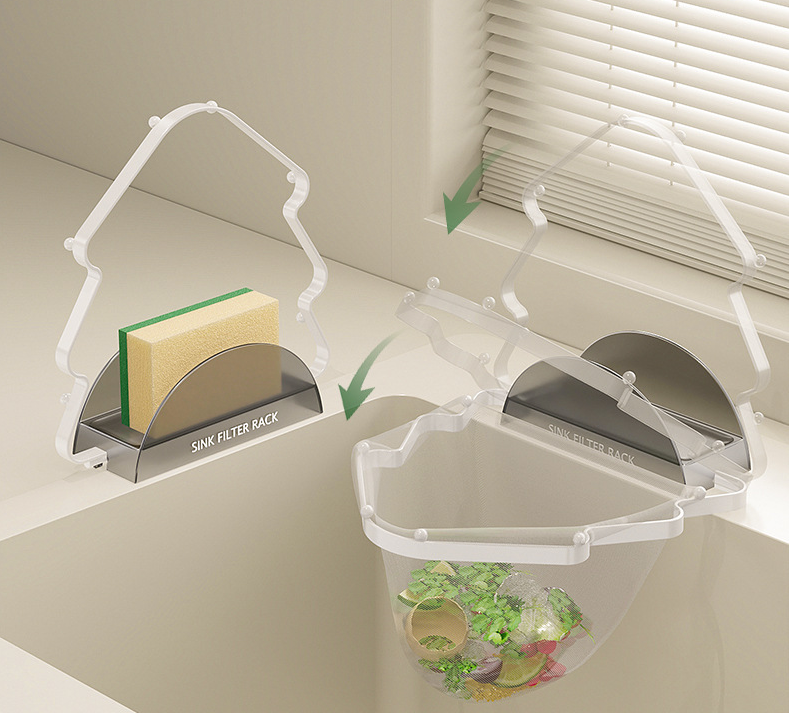 Kitchen Sink Filter Rack with 100 12cm*15cm Mesh Bags, Foldable Food Waste Strainer, Multi-functional Drain Basket（white） - Image 1
