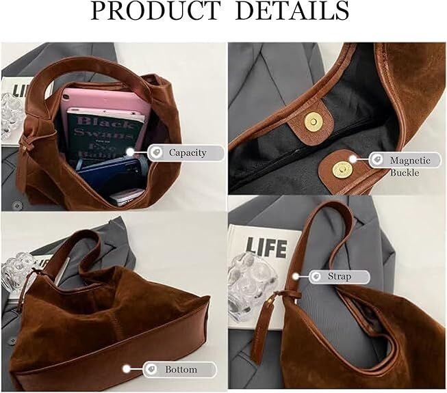 Leather Hobo Bags for Women Brown Purses Suede Purse Slouchy Tote Bag Suede Tote Bag Fall Winter Purses Handbag - Image 5