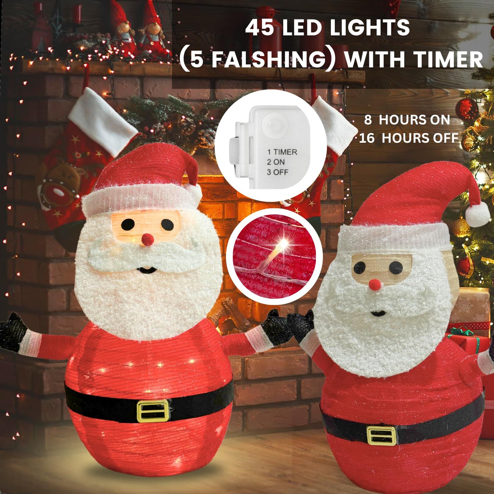 2-Pack Lighted Christmas Santa Claus Decoration Lantern, 45 LED Collapsible Pop-Up Ornament with 8 Light Modes & Timer, Indoor Outdoor Holiday Décor - Image 2