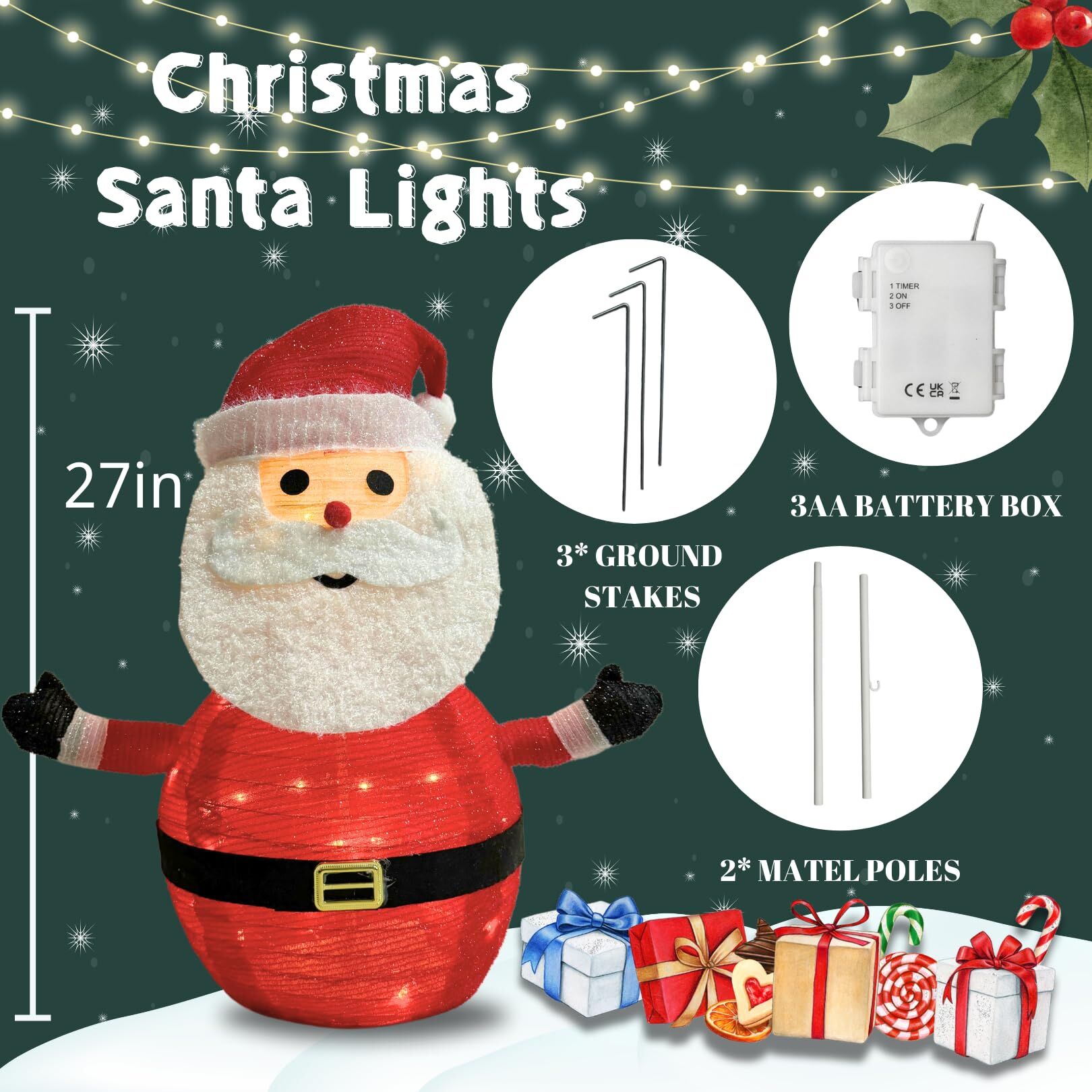 2-Pack Lighted Christmas Santa Claus Decoration Lantern, 45 LED Collapsible Pop-Up Ornament with 8 Light Modes & Timer, Indoor Outdoor Holiday Décor - Image 3