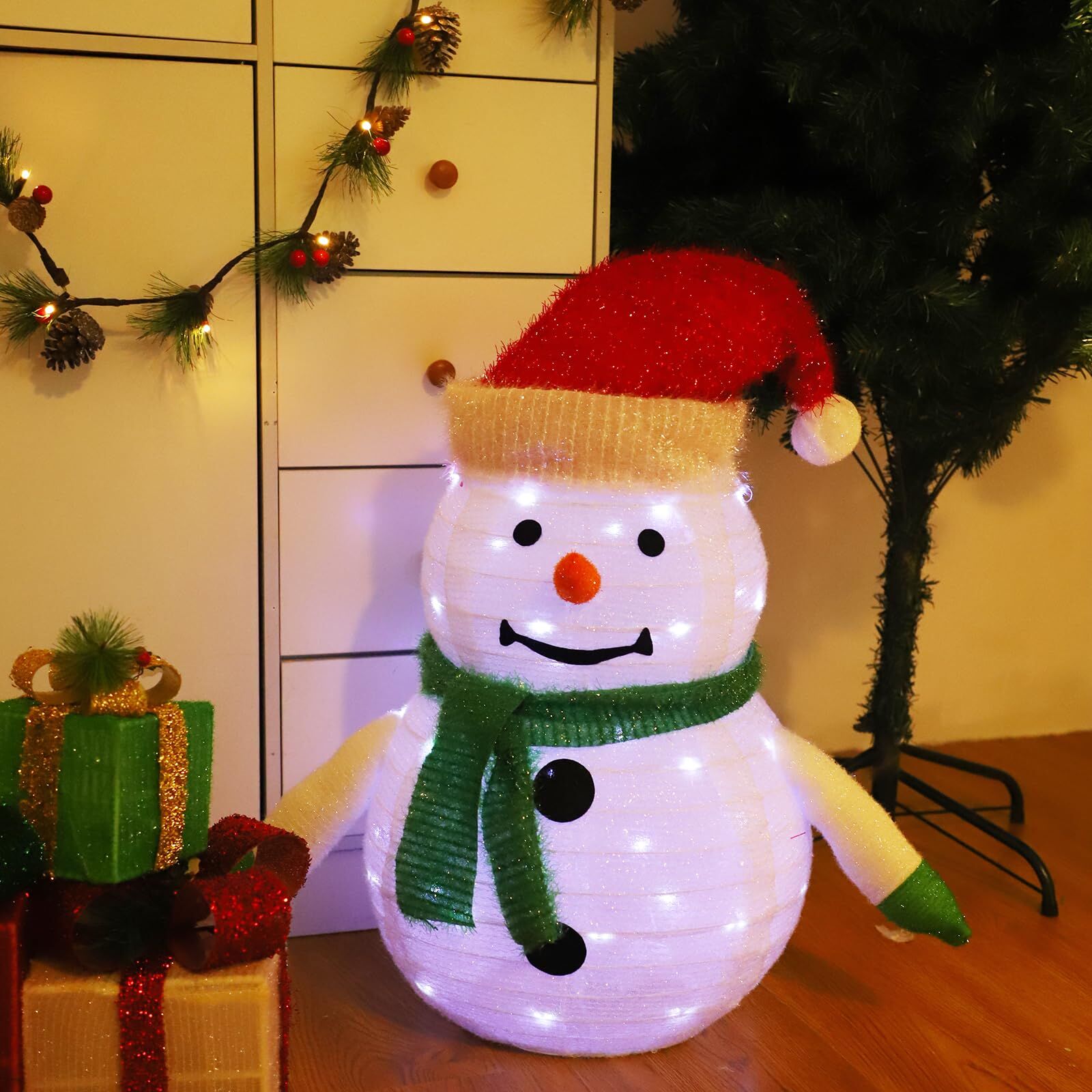 Lighted Christmas Snowman Decoration Lantern, 45 LED Collapsible Pop-Up Ornament with 8 Light Modes & Timer, Indoor Outdoor Holiday Décor - Image 2