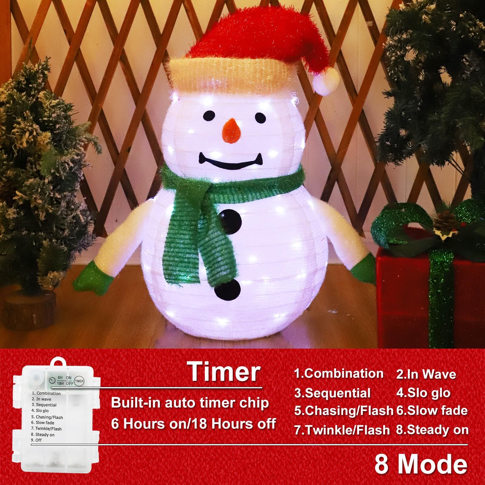 2-Pack Lighted Christmas Snowman Decoration Lantern, 45 LED Collapsible Pop-Up Ornament with 8 Light Modes & Timer, Indoor Outdoor Holiday Décor - Image 4