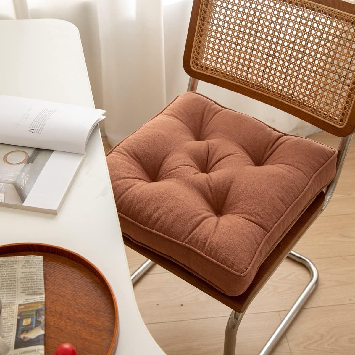 43×43×6cm Linen Cotton Thick Seat Cushion: Plush, Solid-Colour, for Office & Home Chairs, Aussie Comfort Essential（Amber Brown） - Image 1