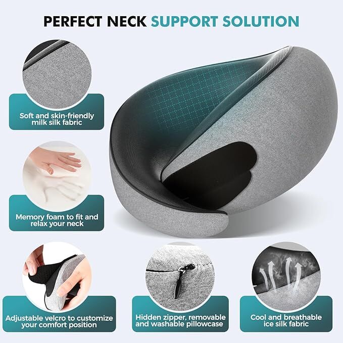 Travel Neck Pillows for Airplanes - 360° Ergonomic Memory Foam Travel Pillow - Relief Neck Pain with Breathable Support for Long Flights, Car, Train & Office Use - Adults & Kids - Image 6