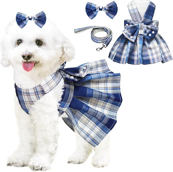 pet products Dog Dress Bowknot Harness Leash Set for Small Dogs Girl Cute Plaid Dog Dress Pearls Bow Tie Spring Summer Princess Clothes Birthday Holiday Doggie Outfits for Puppy Cats Girl Apparel - Image 1