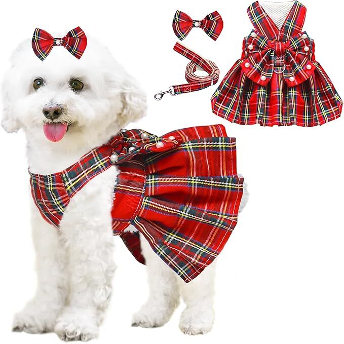 pet products Dog Dress Bowknot Harness Leash Set for Small Dogs Girl Cute Plaid Dog Dress Pearls Bow Tie Spring Summer Princess Clothes Birthday Holiday Doggie Outfits for Puppy Cats Girl Apparel - Image 1