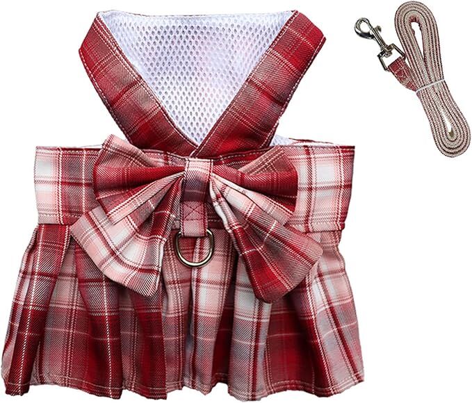 pet products Dog Dress Bowknot Harness Leash Set for Small Dogs Girl Cute Plaid Dog Dress Pearls Bow Tie Spring Summer Princess Clothes Birthday Holiday Doggie Outfits for Puppy Cats Girl Apparel - Image 3