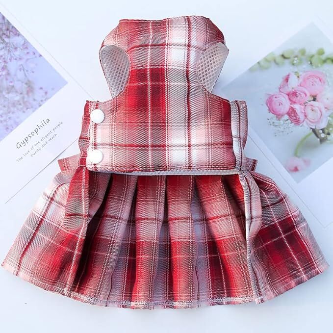 pet products Dog Dress Bowknot Harness Leash Set for Small Dogs Girl Cute Plaid Dog Dress Pearls Bow Tie Spring Summer Princess Clothes Birthday Holiday Doggie Outfits for Puppy Cats Girl Apparel - Image 4