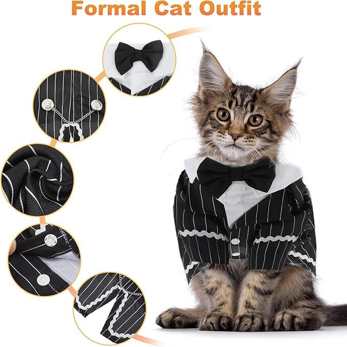 pet products Dog Cat Tuxedo Suit with Bow Tie - Formal Black & White Striped Pet Costume Shirt, Elegant Wedding Outfit Birthday Party Attire for Maltese Dachshund Yorkie Puppies Shih Tzu Small Medium Dogs and cats - Image 6