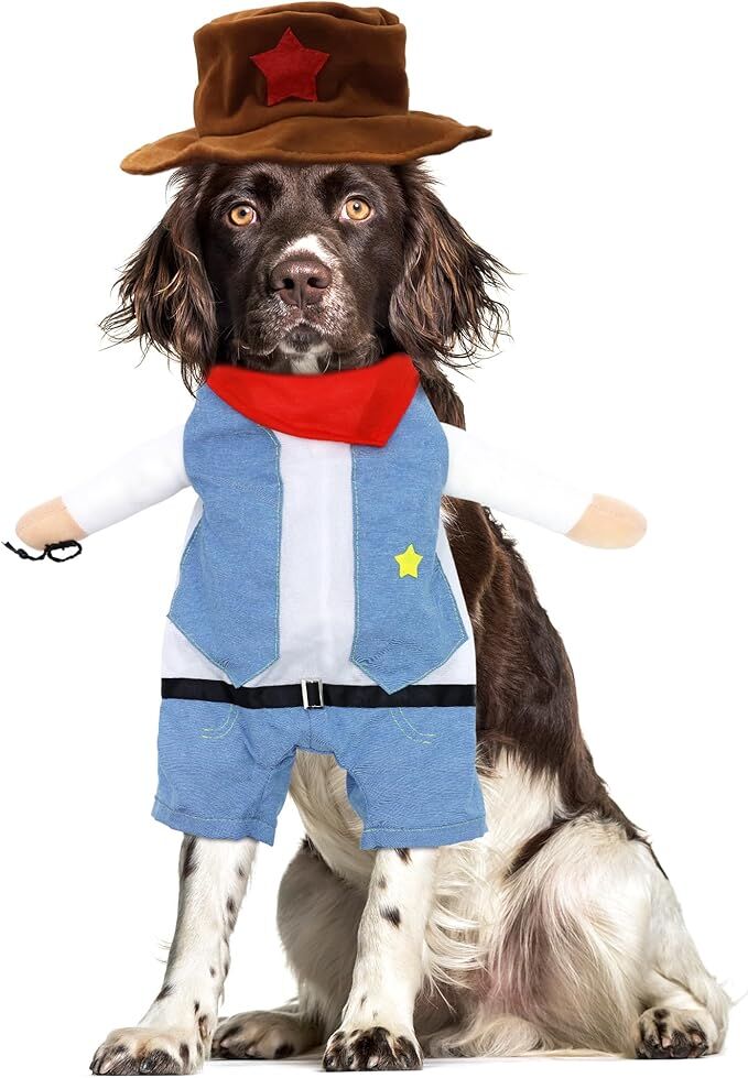 pet products Small Dog Cowboy Costume with Hat 2pcs Funny Halloween Chucky Costumes Cool West Cowboy Uniform Puppy Denim Overalls Western Cosplay Sheriff Outfits Cat Apparel - Image 3