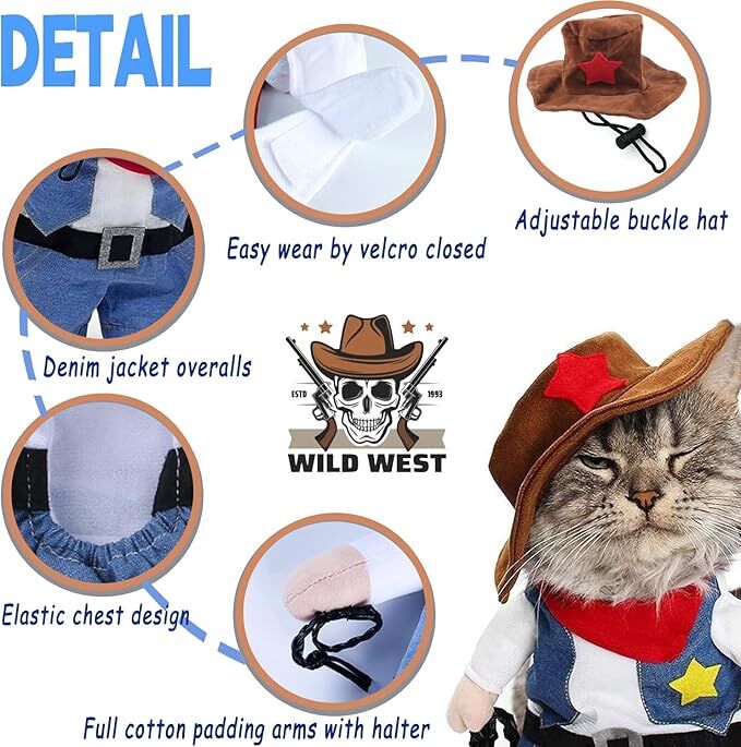 pet products Small Dog Cowboy Costume with Hat 2pcs Funny Halloween Chucky Costumes Cool West Cowboy Uniform Puppy Denim Overalls Western Cosplay Sheriff Outfits Cat Apparel - Image 5
