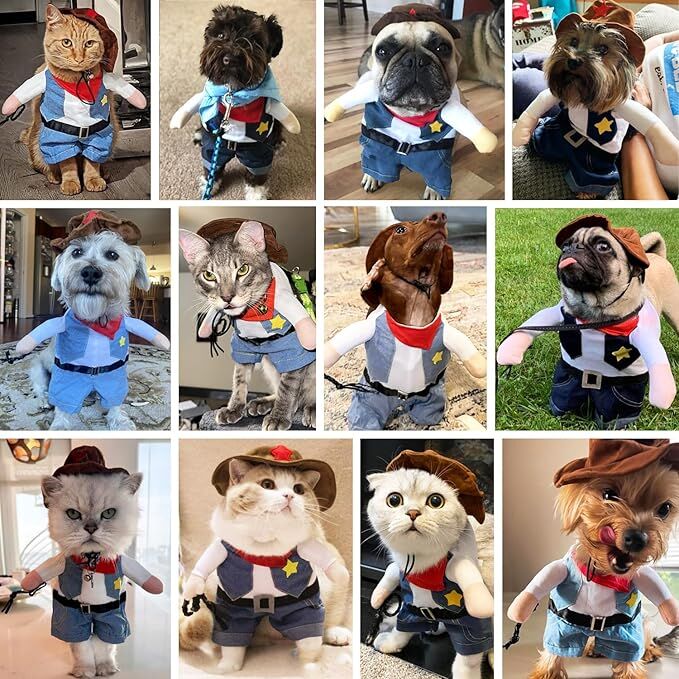 pet products Small Dog Cowboy Costume with Hat 2pcs Funny Halloween Chucky Costumes Cool West Cowboy Uniform Puppy Denim Overalls Western Cosplay Sheriff Outfits Cat Apparel - Image 7