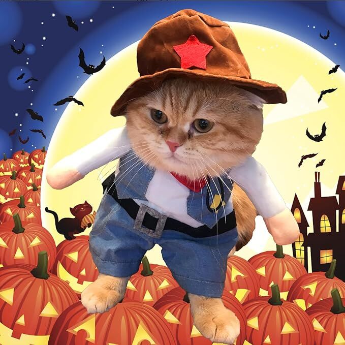 pet products Small Dog Cowboy Costume with Hat 2pcs Funny Halloween Chucky Costumes Cool West Cowboy Uniform Puppy Denim Overalls Western Cosplay Sheriff Outfits Cat Apparel - Image 8