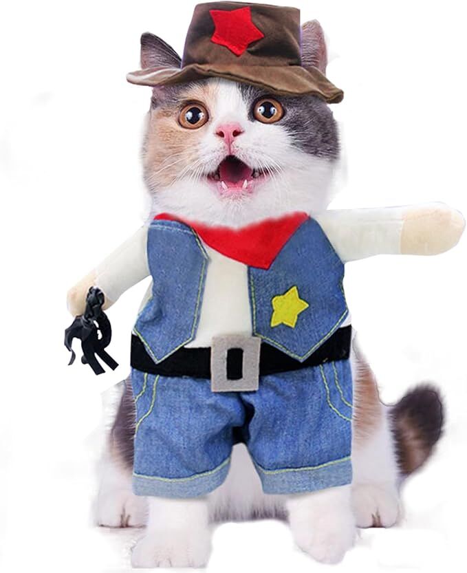 pet products Small Dog Cowboy Costume with Hat 2pcs Funny Halloween Chucky Costumes Cool West Cowboy Uniform Puppy Denim Overalls Western Cosplay Sheriff Outfits Cat Apparel - Image 1