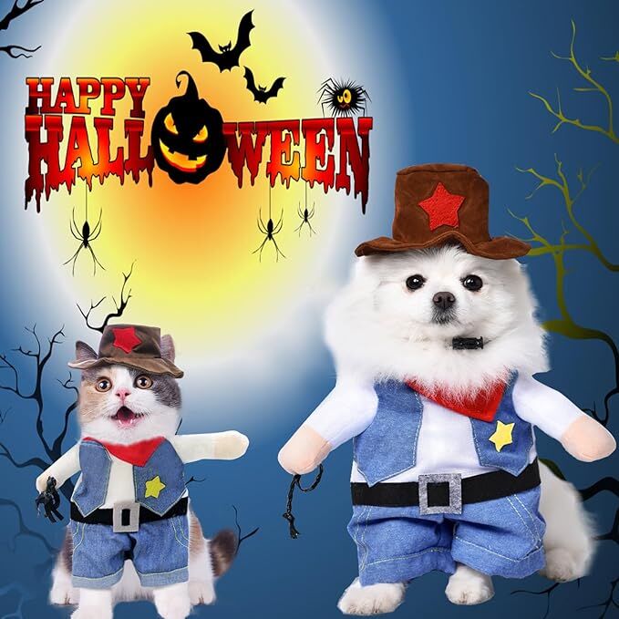 pet products Small Dog Cowboy Costume with Hat 2pcs Funny Halloween Chucky Costumes Cool West Cowboy Uniform Puppy Denim Overalls Western Cosplay Sheriff Outfits Cat Apparel - Image 4