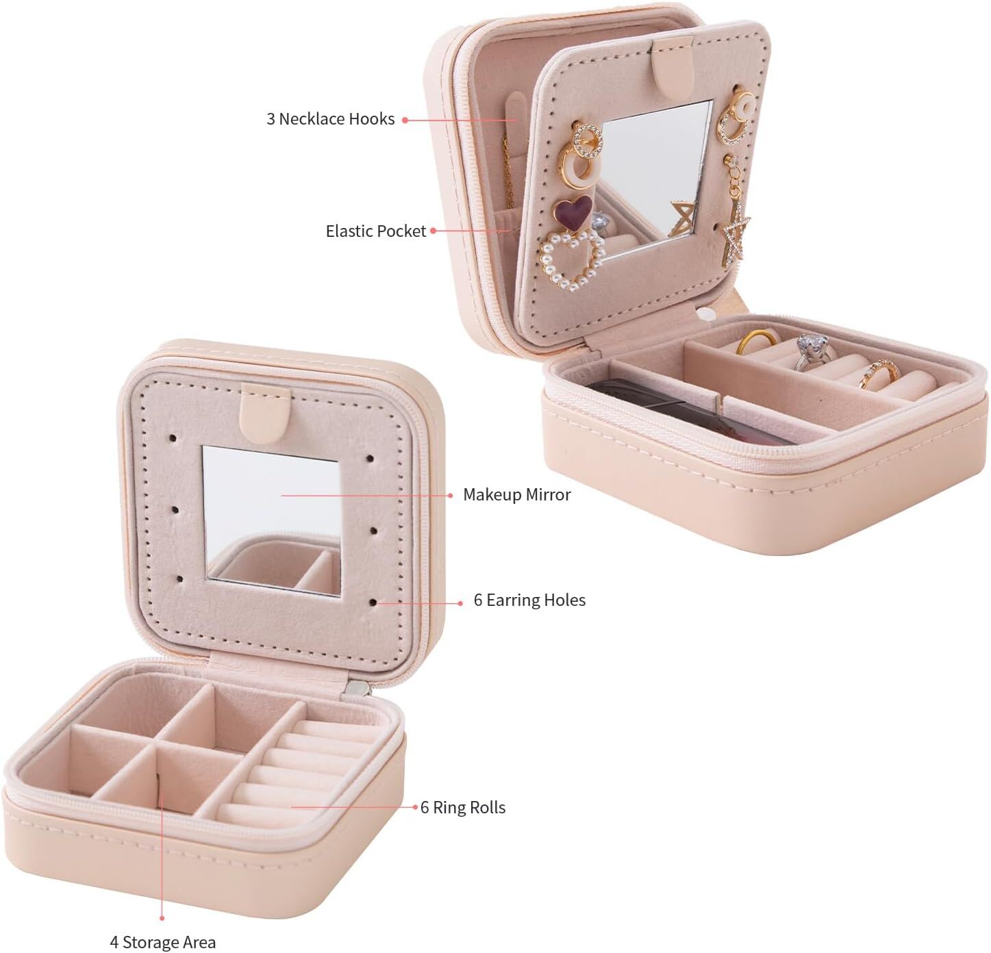Pink Travel Jewelry Box with Mirror: Compact, Organised Storage for Rings, Necklaces & Earrings, Ideal for Aussies - Image 4