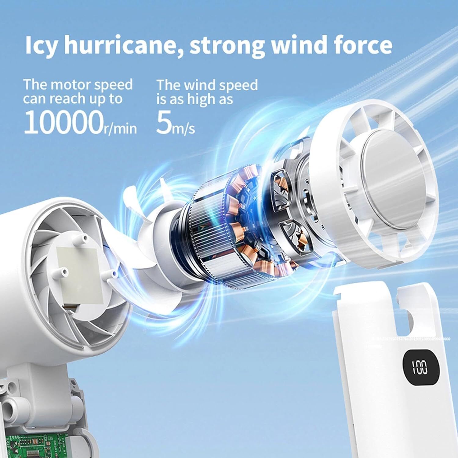 Portable Handheld Turbo Fan with Cooling Tech, Digital Display, 100-Speed Control, Rechargeable 4-in-1 Personal Fan for Travel, Outdoor, Office (White) - Image 2