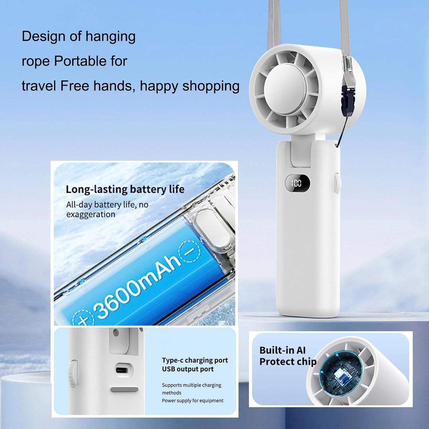 Portable Handheld Turbo Fan with Cooling Tech, Digital Display, 100-Speed Control, Rechargeable 4-in-1 Personal Fan for Travel, Outdoor, Office (White) - Image 3