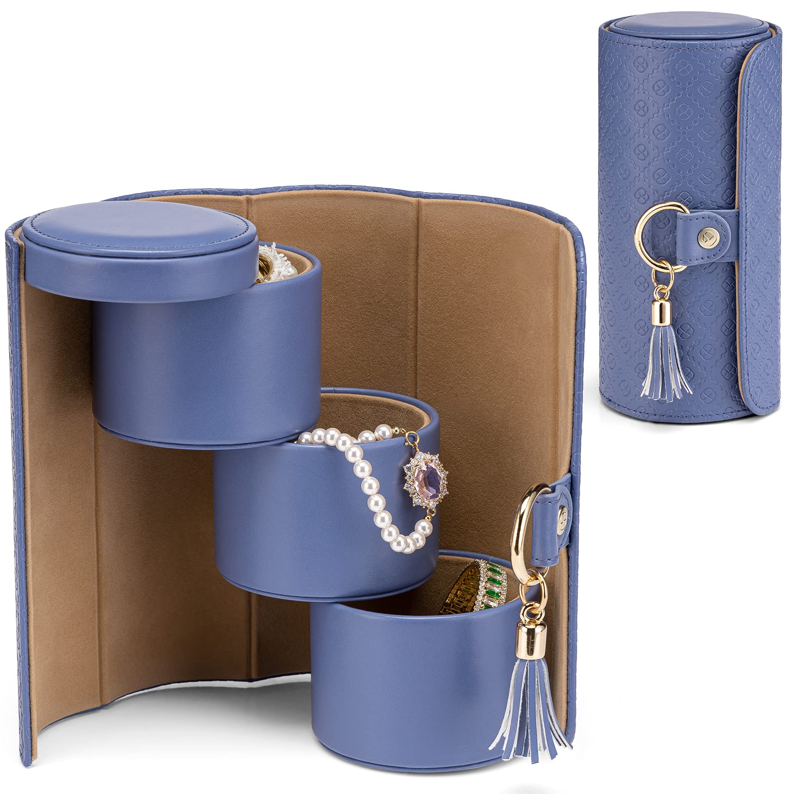 Purple Travel Jewelry Case: 3-Layer PU Cylinder Organizer for Necklaces, Earrings, Gifts for Travelers & Jewelry Lovers - Image 1