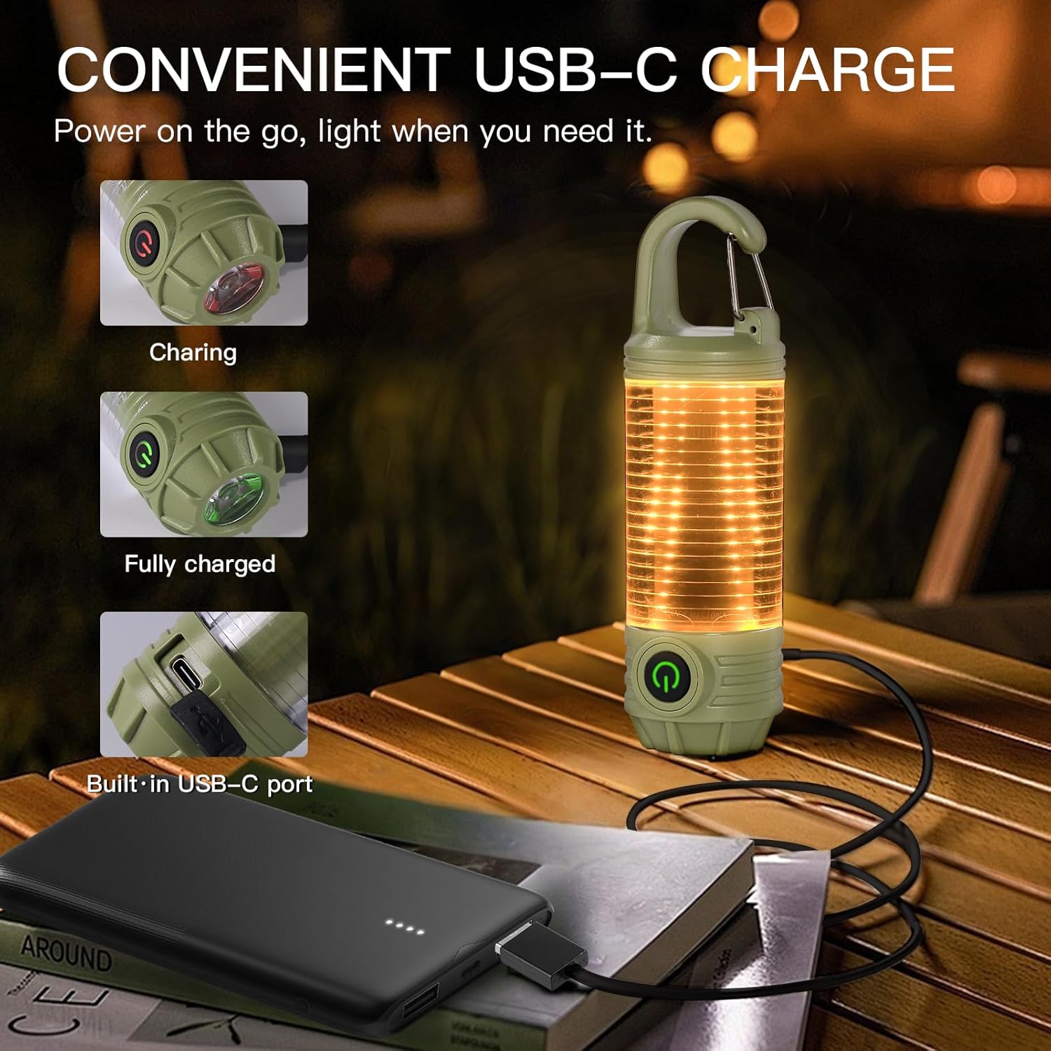 Rechargeable LED Camping Lantern Flashlight: 6 Modes, USB-C, Portable for Hiking, Emergency, Night Walking & Outdoor Adventures（green） - Image 4