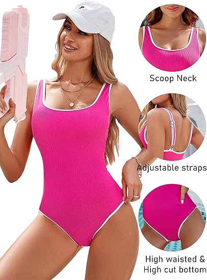 Women's Red One Piece Swimsuit with White Trim: Adjustable Strap, Ribbed, High Cut for Sports & Beach（XXL） - Image 3