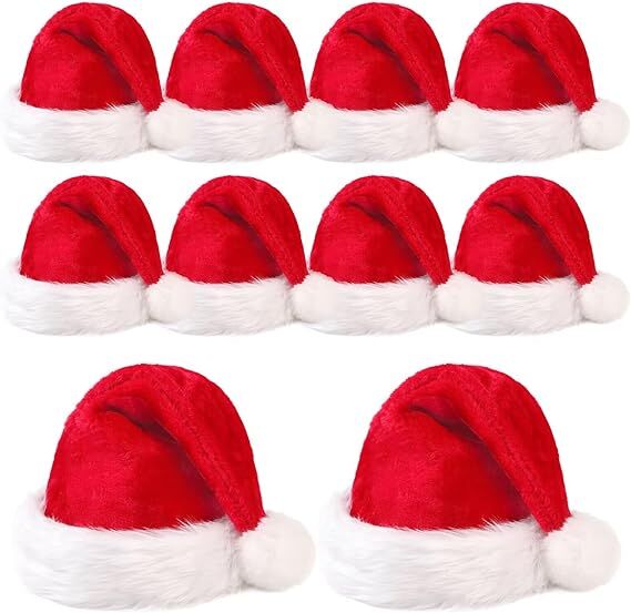 10Pack Christmas Santa Hats for Adults - Extra Thicken Velvet Santa Claus Hats for Women Men Fluffy Plush Xmas Hats Christmas Party Supplies New Year's Eve Party Hats for Adults Teenagers - Image 1