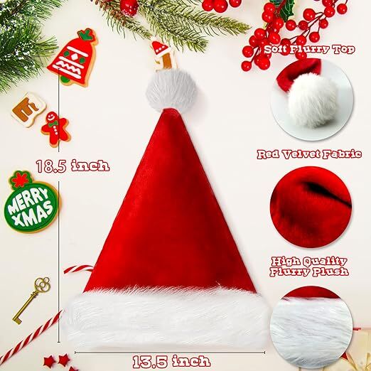10Pack Christmas Santa Hats for Adults - Extra Thicken Velvet Santa Claus Hats for Women Men Fluffy Plush Xmas Hats Christmas Party Supplies New Year's Eve Party Hats for Adults Teenagers - Image 8