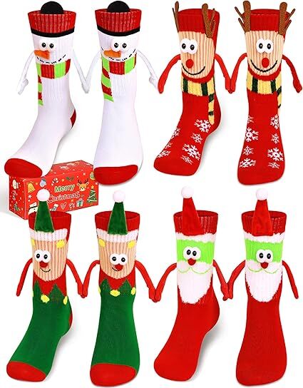 4 Pairs Christmas Socks, Crazy Holiday Hand Holding Socks Funny Christmas Stocking Stuffers - Image 1