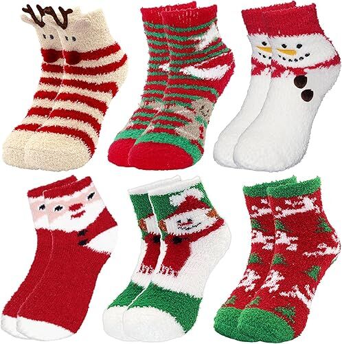 Christmas Socks - 6 Pairs Cozy Warm Fluffy Plush Bed Socks for Women, Girls - Cute Coral Fleece Xmas Indoor - Image 1