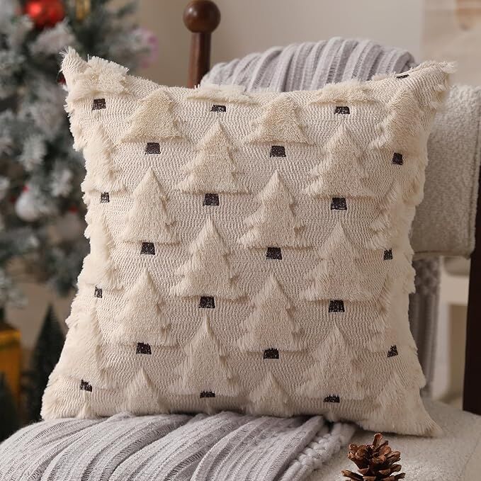Christmas Pillow Covers 18x18 inch Set of 2 Black Christmas Decorations Soft Plush Faux Fur Wool Xmas Tree Throw Pillow Cases Winter Holiday Decor for Sofa Living Room - Image 1