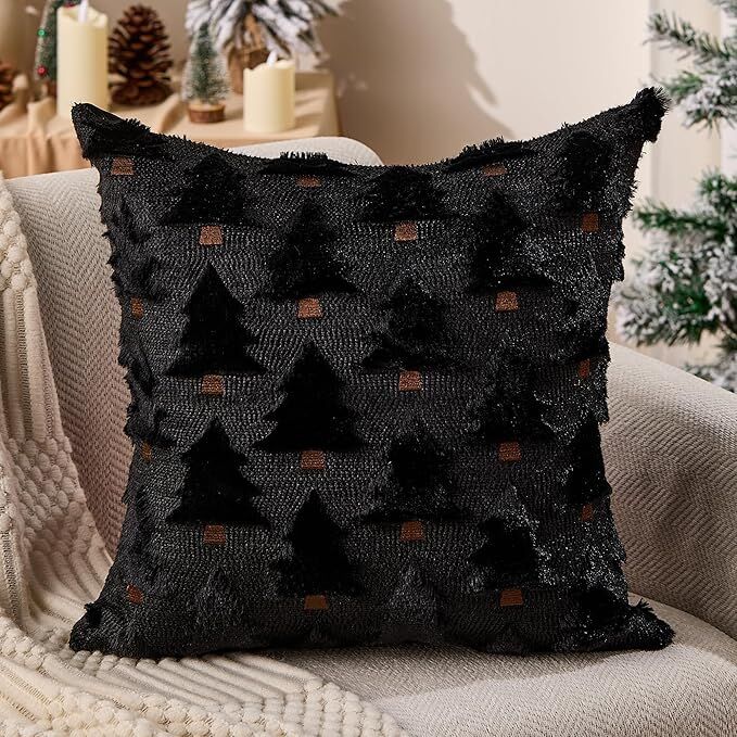 Christmas Pillow Covers 18x18 inch Set of 2 Black Christmas Decorations Soft Plush Faux Fur Wool Xmas Tree Throw Pillow Cases Winter Holiday Decor for Sofa Living Room - Image 7