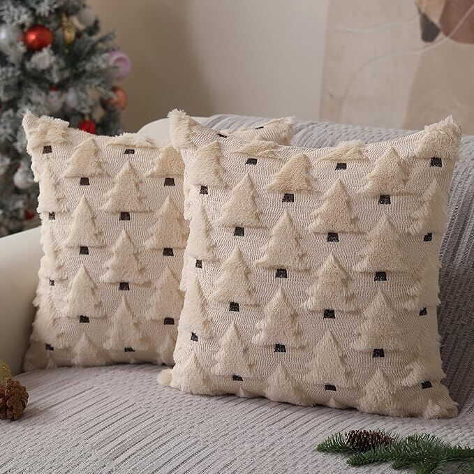 Christmas Pillow Covers 18x18 inch Set of 2 Black Christmas Decorations Soft Plush Faux Fur Wool Xmas Tree Throw Pillow Cases Winter Holiday Decor for Sofa Living Room - Image 8