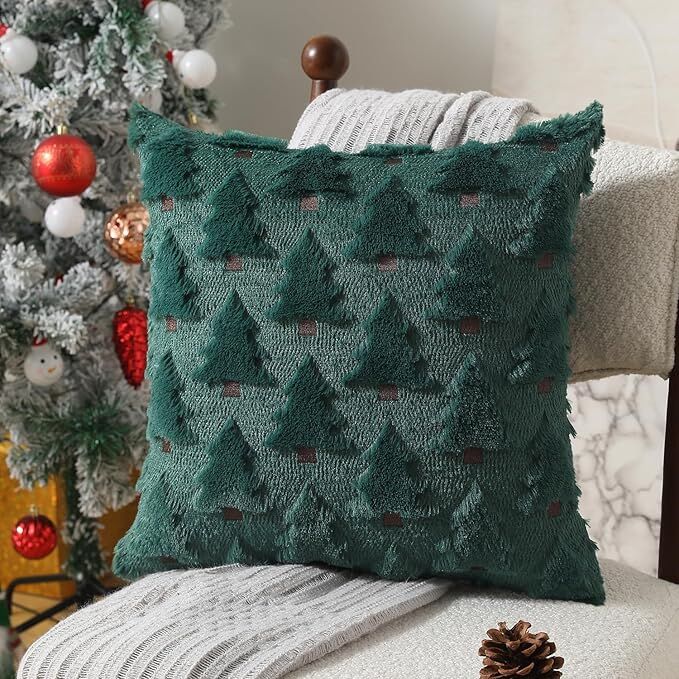Christmas Pillow Covers 18x18 inch Set of 2 Black Christmas Decorations Soft Plush Faux Fur Wool Xmas Tree Throw Pillow Cases Winter Holiday Decor for Sofa Living Room - Image 1