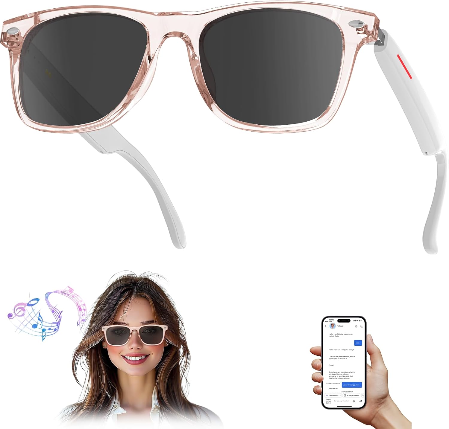 AI Smart Translation Sunglasses: UV400, Bluetooth, 110+ Languages, Voice Control – Ideal for Travel & Work (Pink) - Image 1