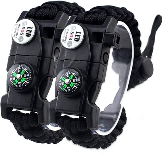 21 in 1 Survival Bracelet, Paracord Emergency Outdoor Sports Wristband Kit Waterproof Compass, SOS LED Light, Thermometer, Rescue Whistle, Fire Starter. Multi 21 Tools (Black 2 Pc) - Image 1