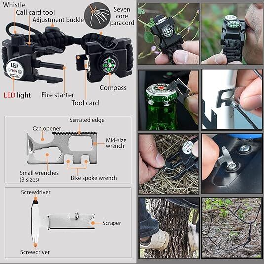 21 in 1 Survival Bracelet, Paracord Emergency Outdoor Sports Wristband Kit Waterproof Compass, SOS LED Light, Thermometer, Rescue Whistle, Fire Starter. Multi 21 Tools (Black 2 Pc) - Image 3