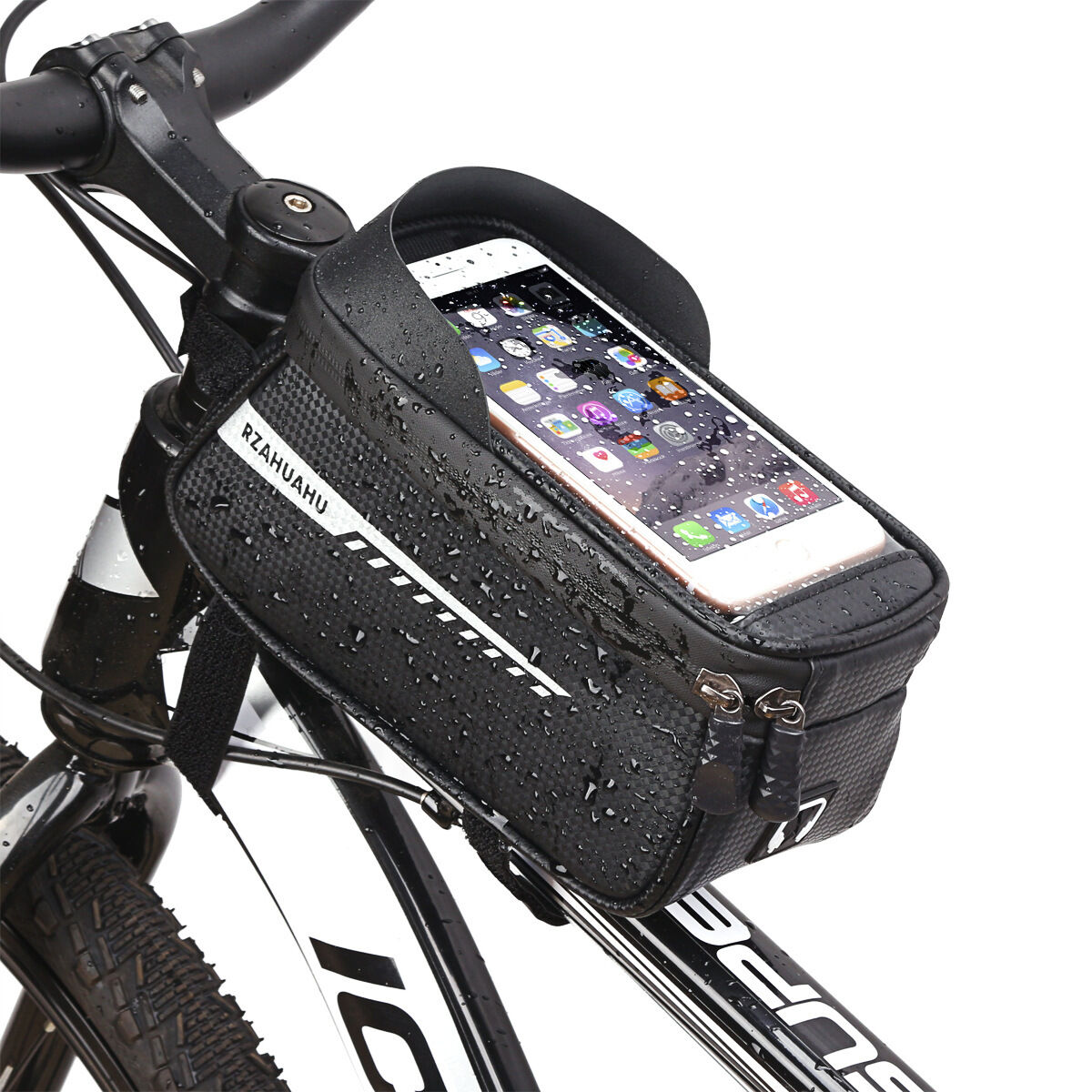 Black Waterproof Bike Frame Bag with Touchscreen & Reflective Details: 6.5