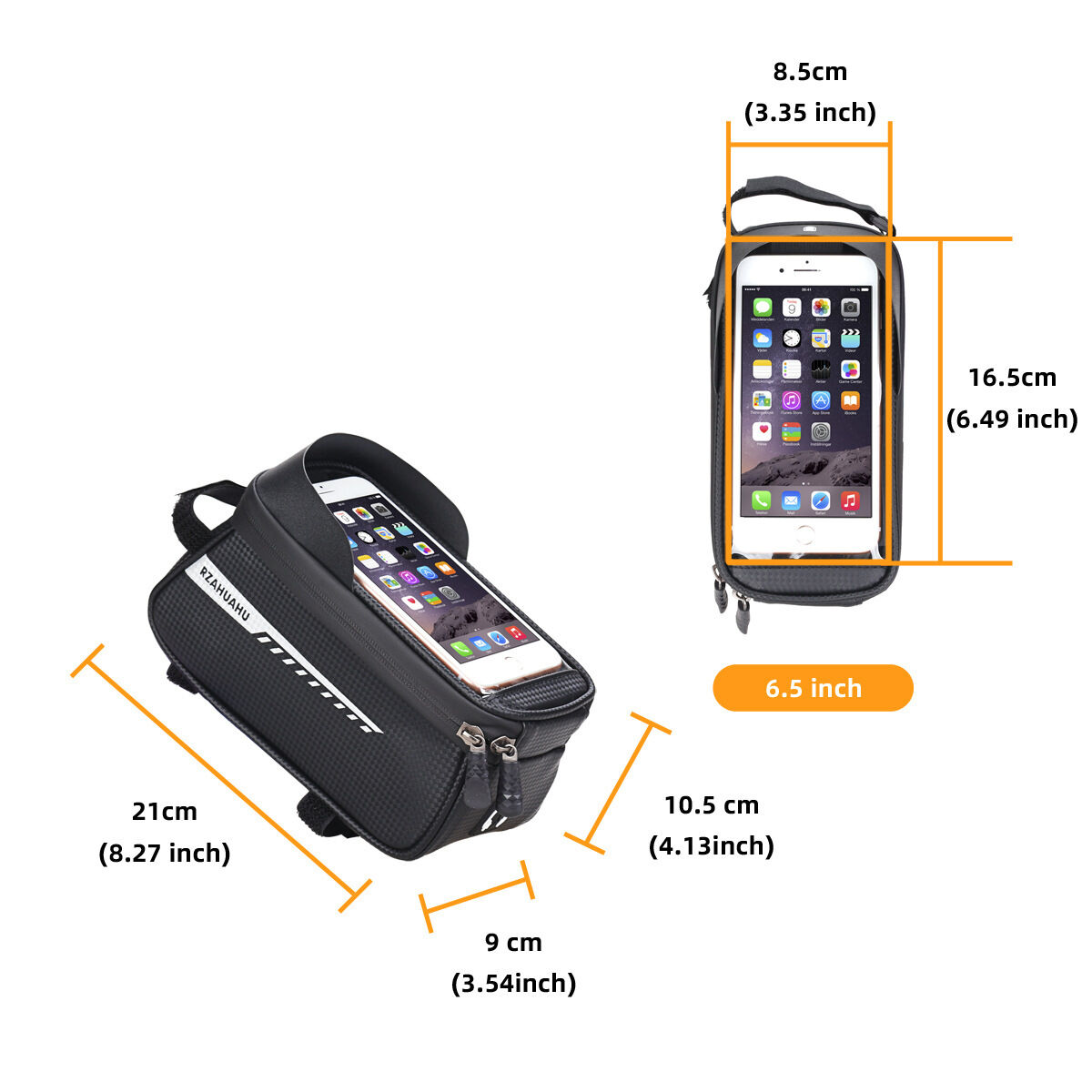 Black Waterproof Bike Frame Bag with Touchscreen & Reflective Details: 6.5