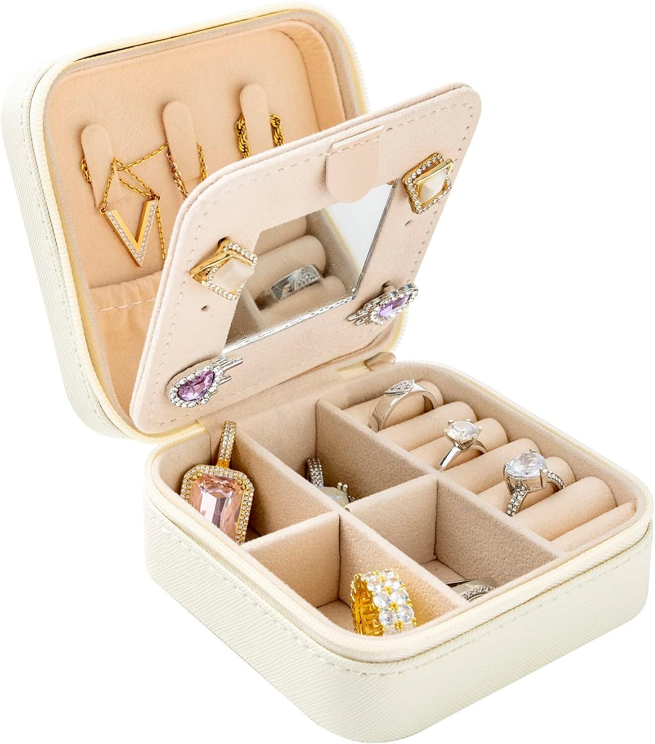 White Travel Jewelry Box with Mirror: Compact, Organised Storage for Rings, Necklaces & Earrings, Ideal for Aussies - Image 1