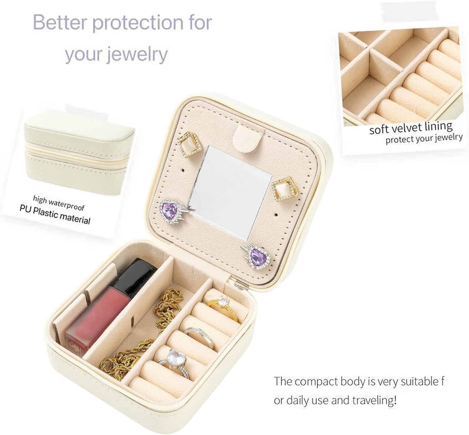 White Travel Jewelry Box with Mirror: Compact, Organised Storage for Rings, Necklaces & Earrings, Ideal for Aussies - Image 5