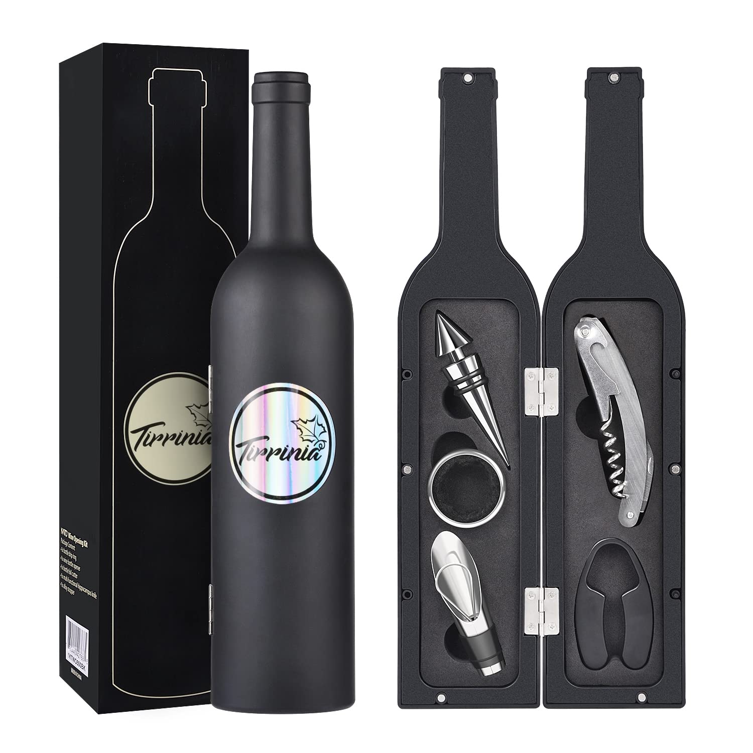 Wine Accessories Gift Set (Black), 5-Piece Bottle Corkscrew Opener Kit with Novelty Bottle-Shaped Case, Valentine's Day Gift for Wine Lovers - Image 1