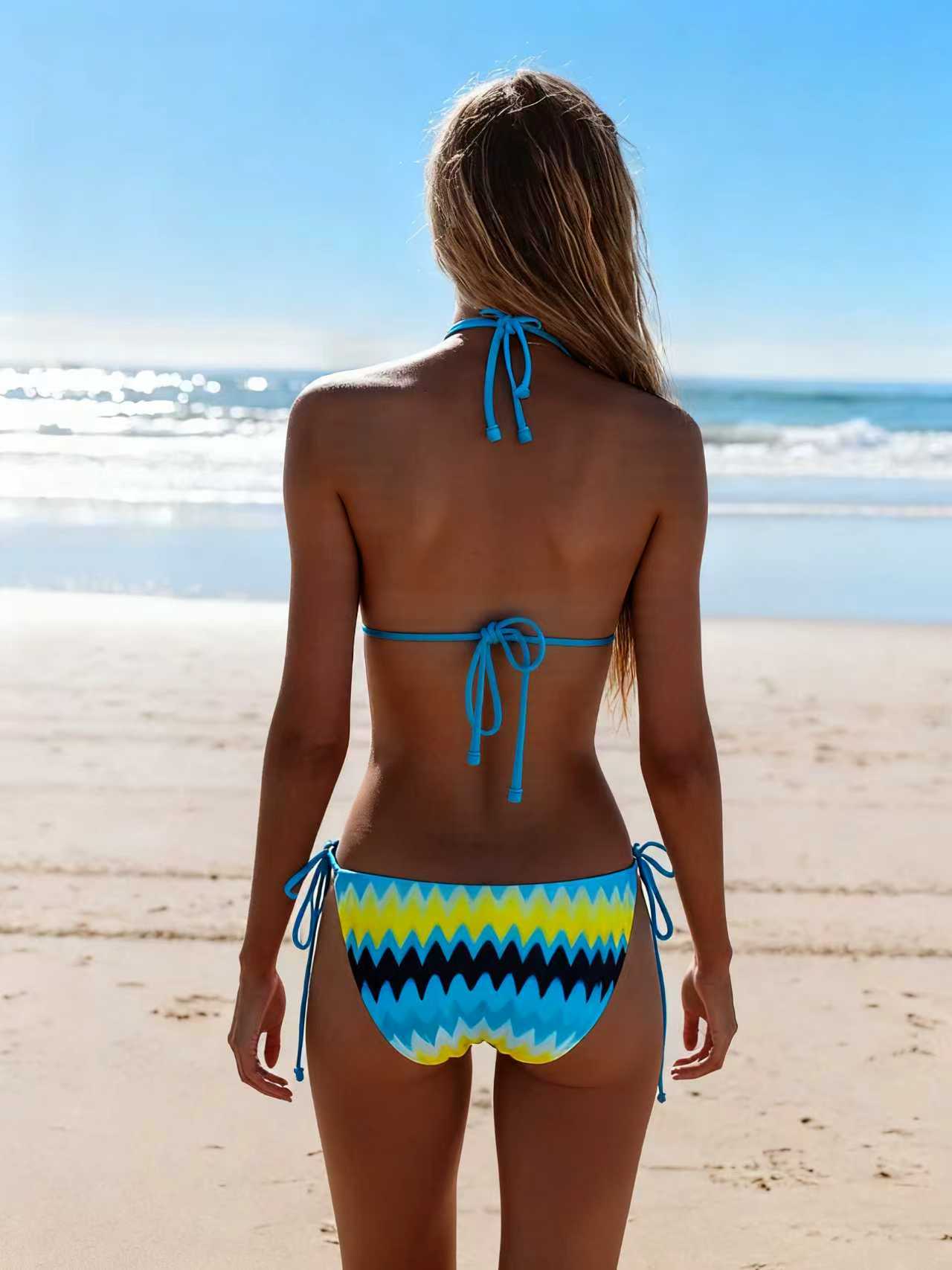 2026 New Bikini Yellow and Blue Color Clash Design Swimsuit Wave Pattern Print Eco-friendly Fabric Size XL - Image 3