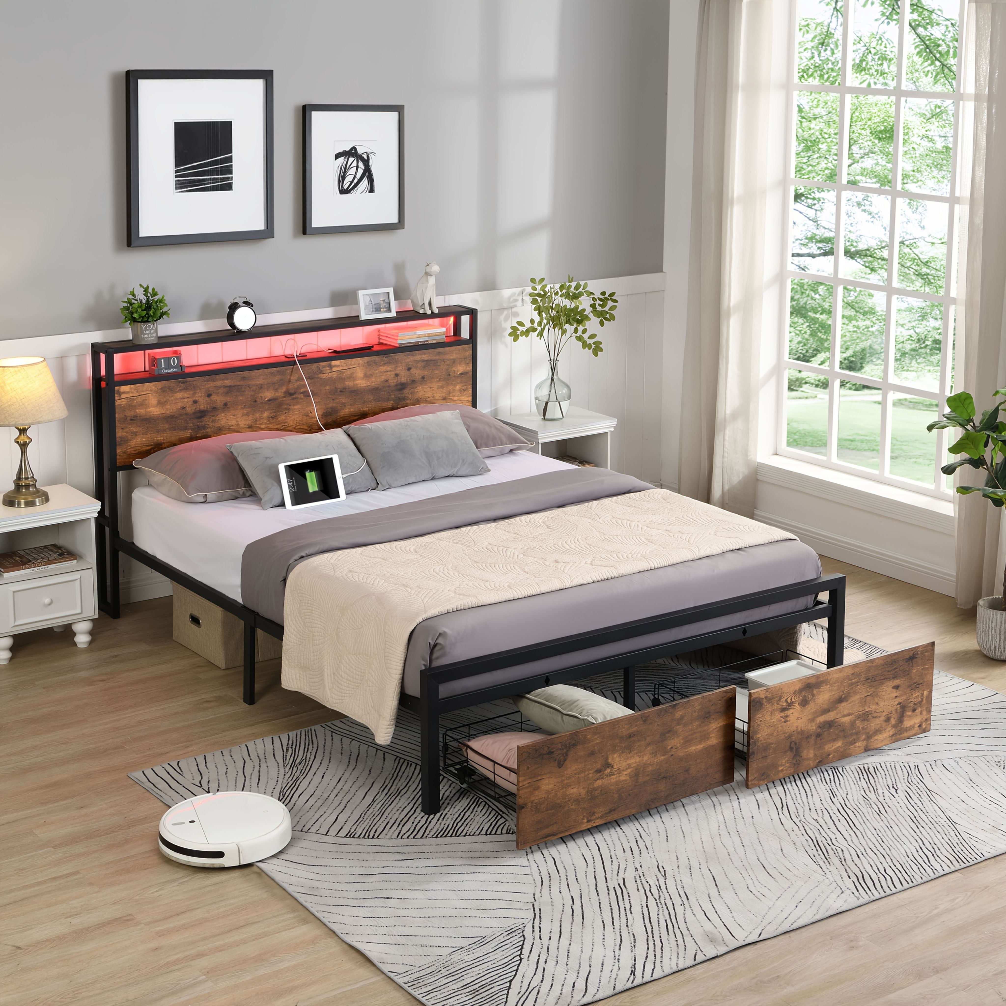 Double Bed Frame with Storage, Industrial Bed with Led Lights Headboard and 2 Drawers, Wooden Bed Frames with Charging Station, Noise Free, No Box Spring Needed, Easy Assembly, Rustic Brown - Image 1
