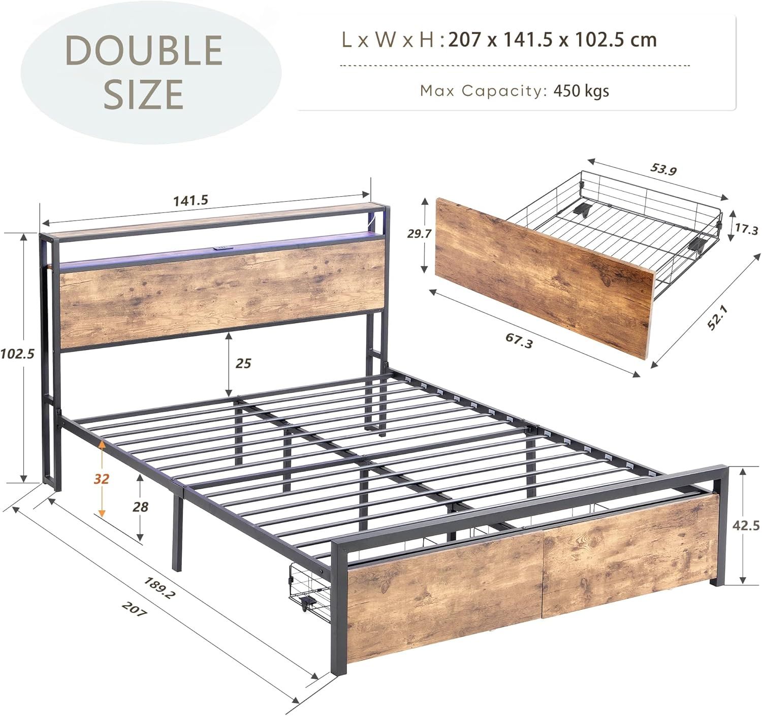 Double Bed Frame with Storage, Industrial Bed with Led Lights Headboard and 2 Drawers, Wooden Bed Frames with Charging Station, Noise Free, No Box Spring Needed, Easy Assembly, Rustic Brown - Image 2