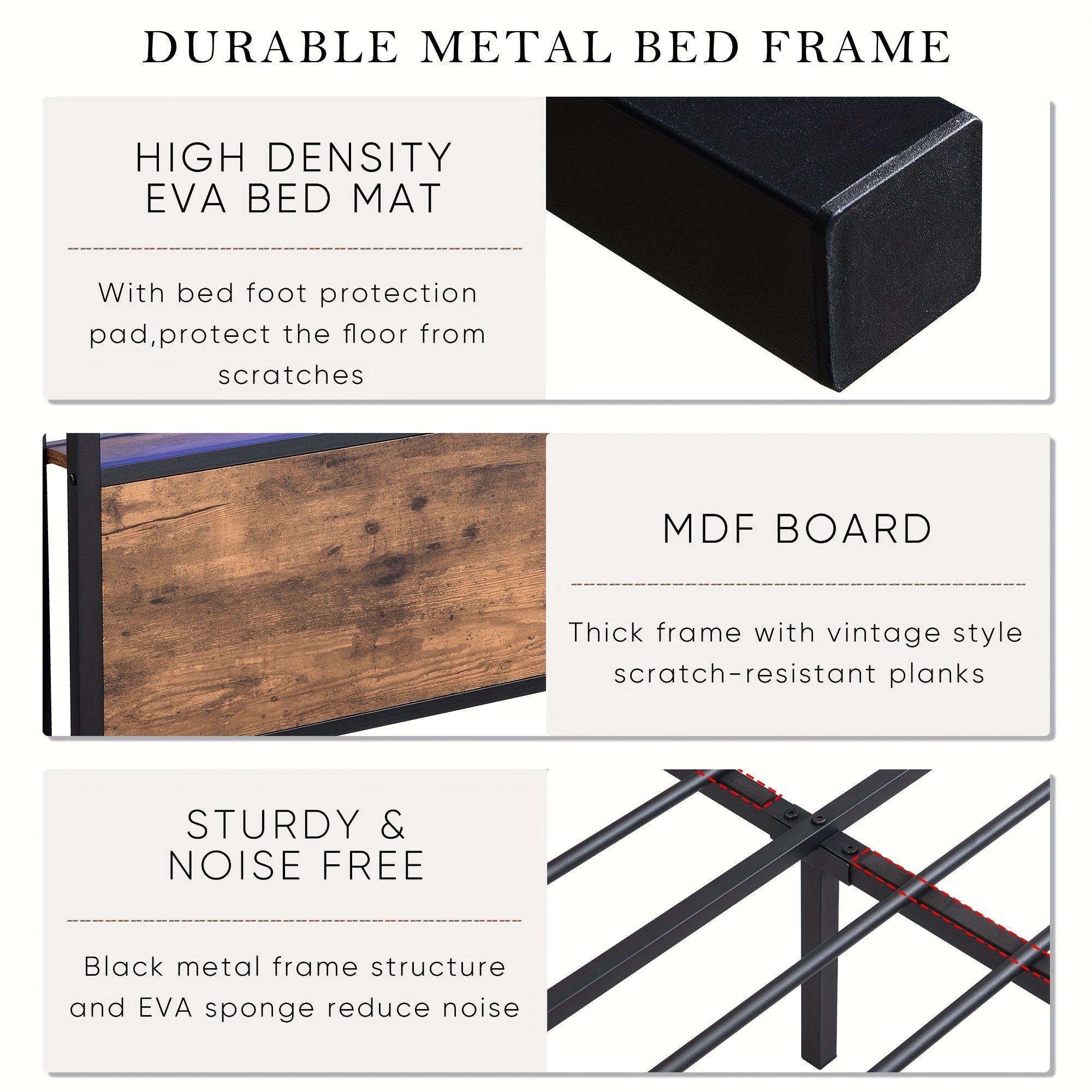 Double Bed Frame with Storage, Industrial Bed with Led Lights Headboard and 2 Drawers, Wooden Bed Frames with Charging Station, Noise Free, No Box Spring Needed, Easy Assembly, Rustic Brown - Image 3